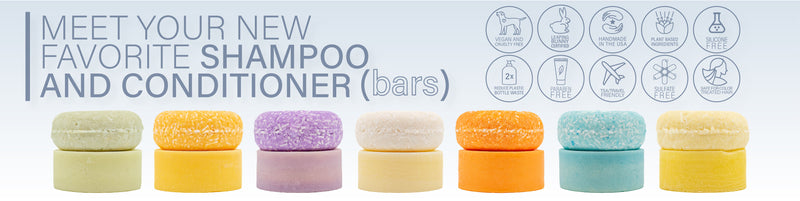 Shampoo Bars, Conditioner Bars, cruelty free, sulphate free, paraben free, palm free, made in USA, sustainable ingredients, non-gmo