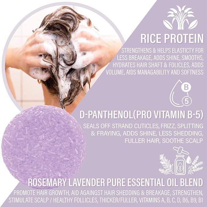 Rosemary Lavender Shampoo Bar lathering in hair, boosting volume and providing a refreshing lavender fragrance